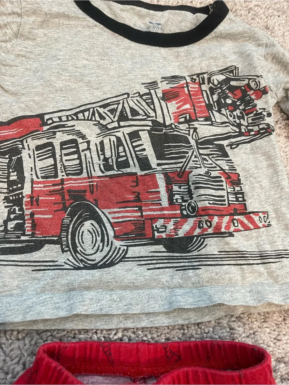 Kids Red Firetruck Pajama Set with Gray Top